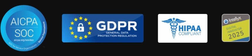 SOC 2, GDPR, HIPAA, and Intelix compliance badges